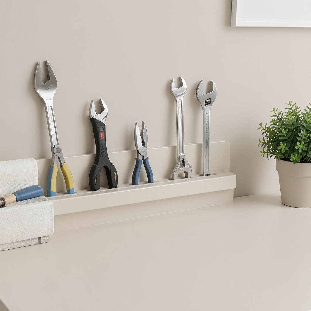 Tasapainoinen työpiste, jossa on järjestyksessä olevat työvälineet ja viherkasvi